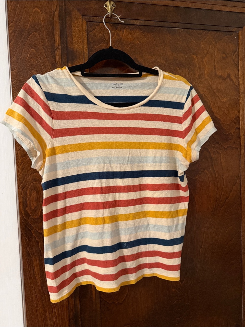 Madewell Cream Tee with Red, Navy & Yellow Stripes